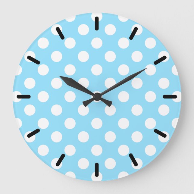 Reloj Redondo Grande Puntos de polka blanco sobre azul pálido (Anverso)