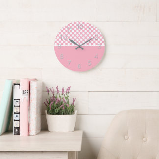 Reloj Redondo Grande Puntos De Polka Blanco Sobre El Rosa