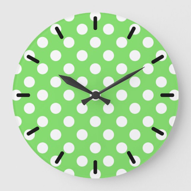 Reloj Redondo Grande Puntos de polka blanco sobre verde manzana (Anverso)