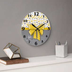 Reloj Redondo Grande Puntos de Polka Gris y Amarillo, cinta amarilla so