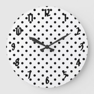 Reloj Redondo Grande puntos de polka negro con fondo blanco