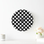 Reloj Redondo Grande Puntos de polka negros y blancos, patrón de punto<br><div class="desc">Patrón de puntos polka amables,  divertidos y adorables en color blanco y negro. Un regalo moderno y de moda,  perfecto para el amante de la polka en su vida.</div>