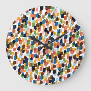 Reloj Redondo Grande Puntos de Polka: Pintura de manos multicolores.