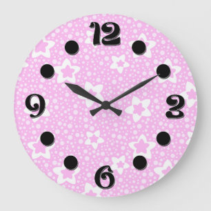 Reloj Redondo Grande Puntos de polka retro rosado caliente con patrón f
