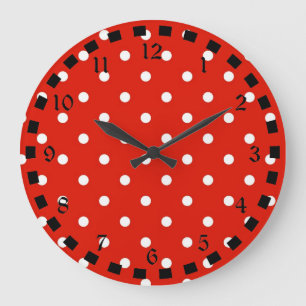 Reloj Redondo Grande Puntos de Polka Rojo y Blanco