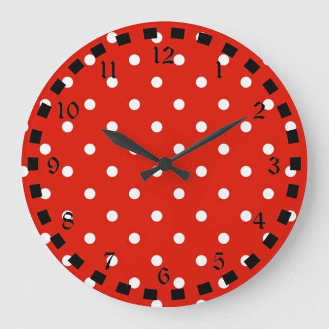 Reloj Redondo Grande Puntos de Polka Rojo y Blanco (Anverso)