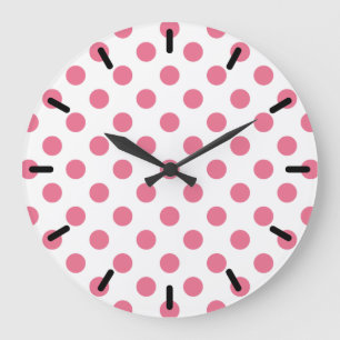 Reloj Redondo Grande Puntos de polka rosa y blanco