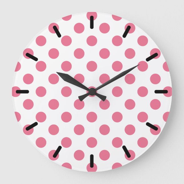 Reloj Redondo Grande Puntos de polka rosa y blanco (Anverso)