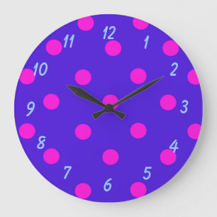 Reloj Redondo Grande Puntos de polka rosa y púrpura súper cortos