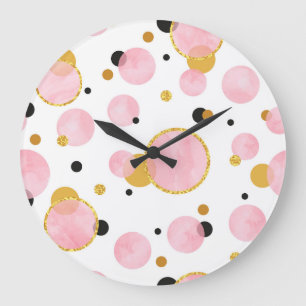 Reloj Redondo Grande Puntos dorados rosados, cosecha geométrica.