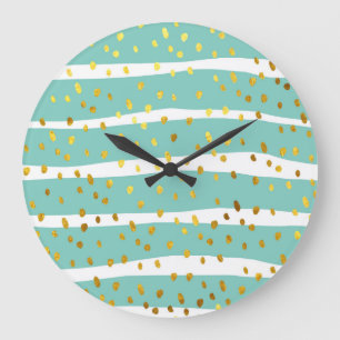 Reloj Redondo Grande Puntos dorados y rayas: patrón elegante