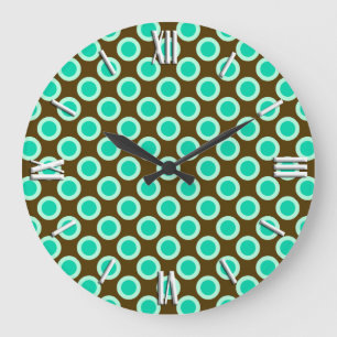 Reloj Redondo Grande Puntos retro en círculo, marrón y turquesa