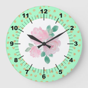 Reloj Redondo Grande Puntos verdes y dorados de luz floral