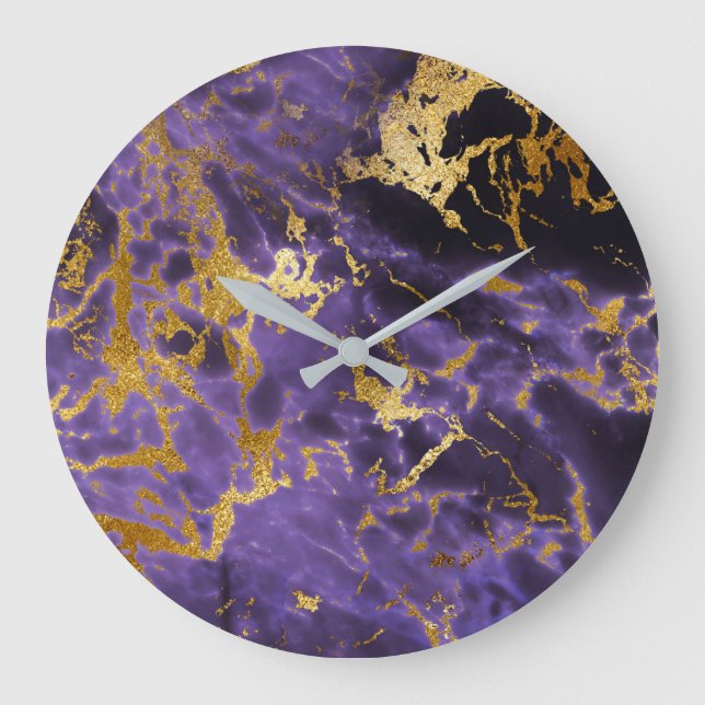 Reloj Redondo Grande Purple Amethyst Golden Stone Marble Black Luxury (Anverso)