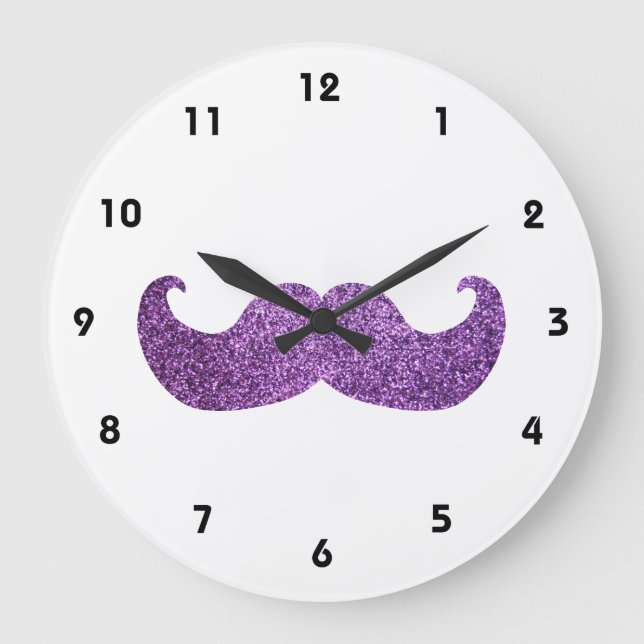 Reloj Redondo Grande Purple Bling mustache (Faux Glitter Graphic) (Anverso)