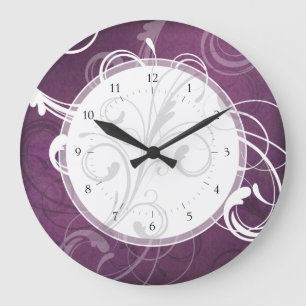 Reloj Redondo Grande Purple Grunge Damask Elegant Swirls