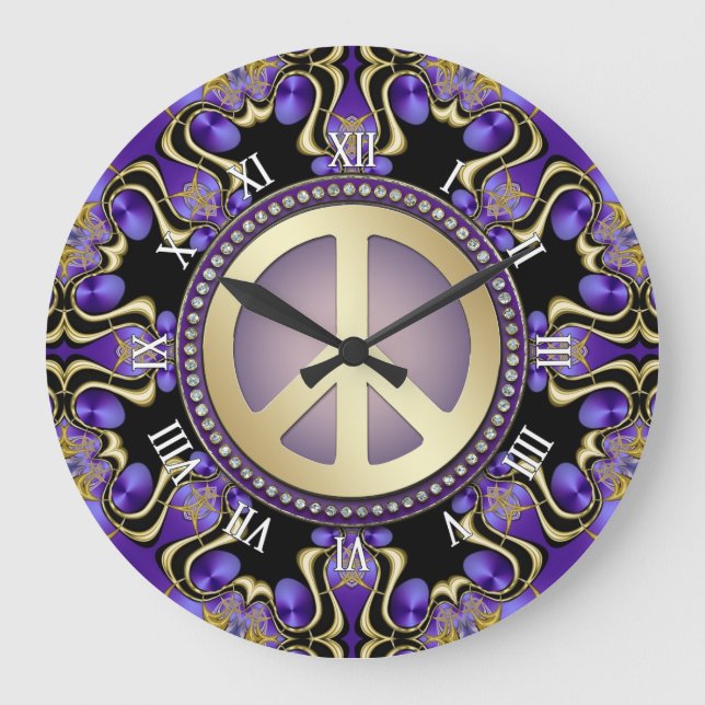 Reloj Redondo Grande Purple PEACE Gold Geometría real Mandala (Anverso)