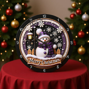 Reloj Redondo Grande Purple Plaid Snowman Feliz Navidad