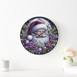 Reloj Redondo Grande Purple Poinsettia Santa Encantadora Muro de Navida