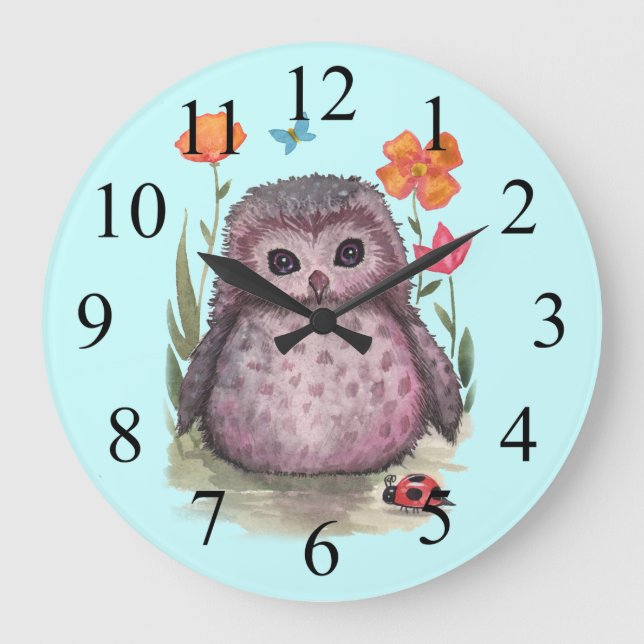 Reloj Redondo Grande Purple Portly Owlet Cute Owu y Ladybug Clock (Anverso)