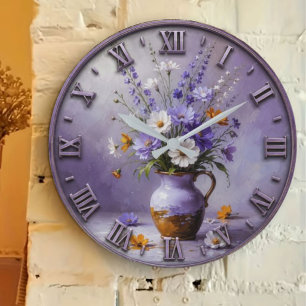 Reloj Redondo Grande Purple Wildflower Bouquet Lavender Cottage Floral 