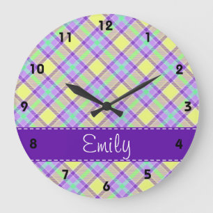 Reloj Redondo Grande Purple & Yellow Plaid Pattern