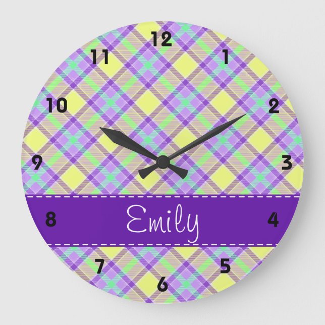 Reloj Redondo Grande Purple & Yellow Plaid Pattern (Anverso)