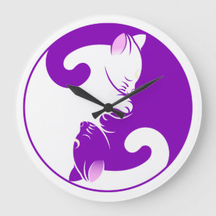 Reloj Redondo Grande Púrpura de Yin Yang el   del gato del gatito
