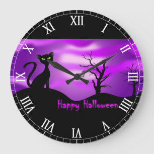 Reloj Redondo Grande Púrpura del gato negro del feliz Halloween