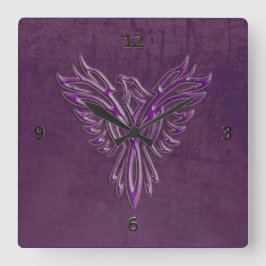 Reloj Redondo Grande Púrpura estilizada Phoenix Rising, textura de cuer