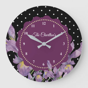 Reloj Redondo Grande Púrpura Iris Black White Polka Dots