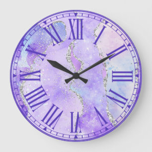 Reloj Redondo Grande Púrpura Pastel y Agata de Purpurina Plateada Falsa