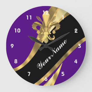 Reloj Redondo Grande Púrpura y flor de lis del oro
