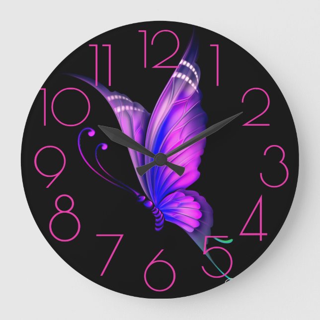 Reloj Redondo Grande Púrpuras, mariposa de los rosas en un negro (Anverso)