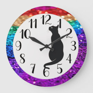 Reloj Redondo Grande Purpurina arcoiris y gato negro