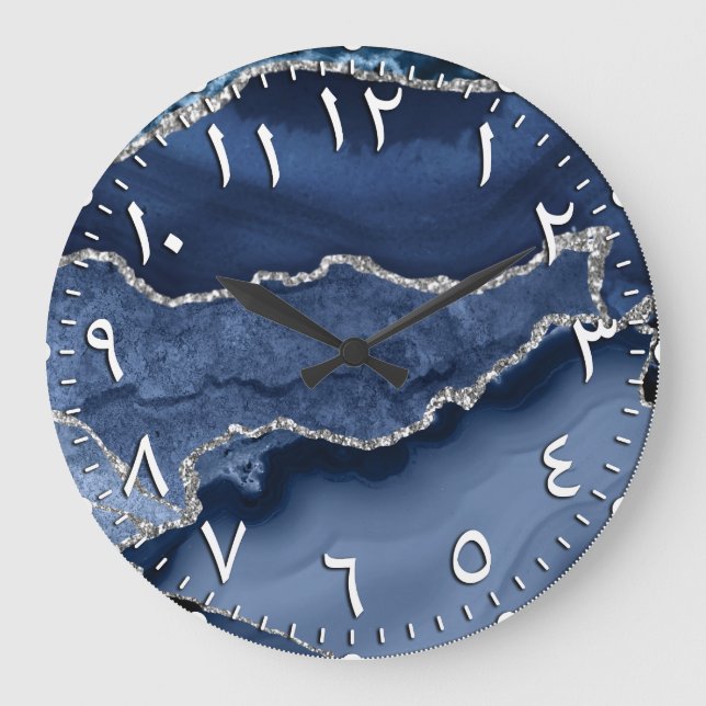 Reloj Redondo Grande Purpurina azul y plata mármol agar números árabes (Anverso)
