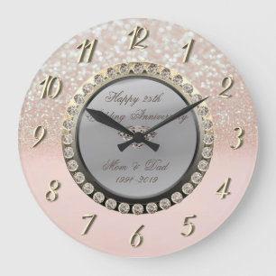 Reloj Redondo Grande Purpurina Bokeh Diamonds 25° aniversario Boda