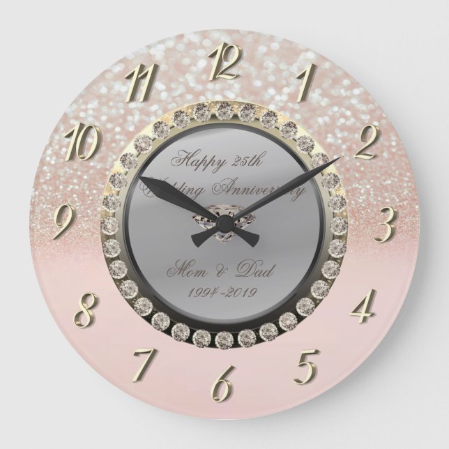 Reloj Redondo Grande Purpurina Bokeh Diamonds 25° aniversario Boda (Anverso)