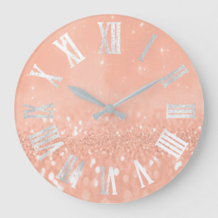 Reloj Redondo Grande Purpurina coralino Numers romano metálico del rosa