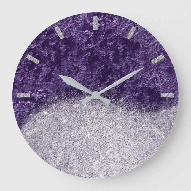 Reloj Redondo Grande Purpurina de berenjenas de terciopelo gris violeta (Anverso)