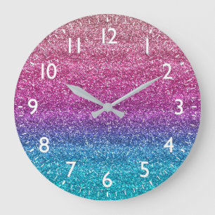 Reloj Redondo Grande Purpurina de degradado rosa y azul espumoso