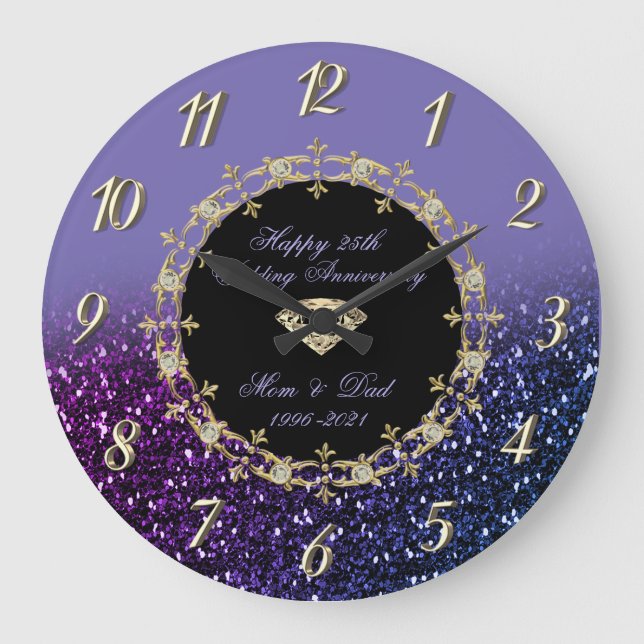 Reloj Redondo Grande Purpurina de diamantes Violet 25º aniversario Boda (Anverso)