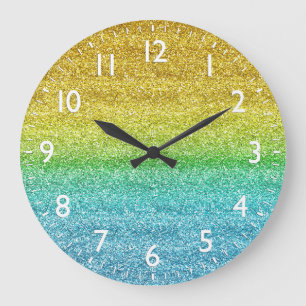Reloj Redondo Grande Purpurina de gradiente amarillo y azul espumoso