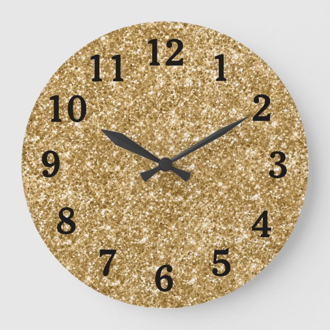 Reloj Redondo Grande Purpurina de oro Foto números negros (Anverso)
