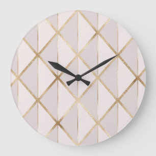 Reloj Redondo Grande Purpurina de oro, patrón de rhombus geométrico.