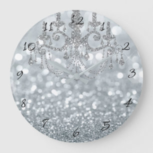Reloj Redondo Grande Purpurina de plata blanca Bokeh Glam Chandelier Sp