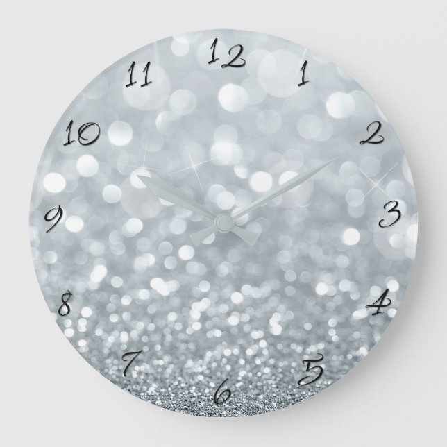 Reloj Redondo Grande Purpurina de plata blanca Bokeh Glam Trendy Sparkl (Anverso)