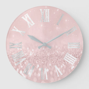 Reloj Redondo Grande Purpurina de plata gris rosado Numers romano