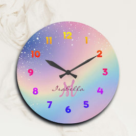 Reloj Redondo Grande Purpurina de unicornio arcoiris