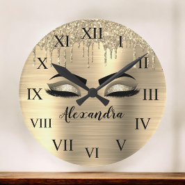 Reloj Redondo Grande Purpurina Gold Sparkle Eyelashes Monograma Nombre